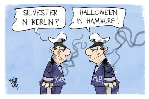 Cartoon: Polizeieinsätze (medium) by Kostas Koufogiorgos tagged karikatur,koufogiorgos,polizei,einsatz,halloween,silvester,berlin,hamburg,karikatur,koufogiorgos,polizei,einsatz,halloween,silvester,berlin,hamburg