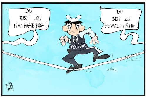 Cartoon: Polizeikritik (medium) by Kostas Koufogiorgos tagged karikatur,koufogiorgos,illustration,cartoon,polizei,kritik,gewalt,demokratie,drahtseilakt,seil,tanz,akrobat,beruf,beamter,sicherheit,karikatur,koufogiorgos,illustration,cartoon,polizei,kritik,gewalt,demokratie,drahtseilakt,seil,tanz,akrobat,beruf,beamter,sicherheit