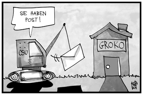 Cartoon: Post aus Bayern (medium) by Kostas Koufogiorgos tagged karikatur,koufogiorgs,illustration,cartoon,brief,bayern,csu,abrissbirne,groko,haus,regierung,koalition,koalitionsbruch,politik,karikatur,koufogiorgs,illustration,cartoon,brief,bayern,csu,abrissbirne,groko,haus,regierung,koalition,koalitionsbruch,politik