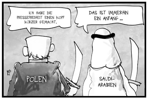 Cartoon: Pressefreiheit in Polen (medium) by Kostas Koufogiorgos tagged karikatur,koufogiorgos,illustration,cartoon,saudi,arabien,polen,pressefreiheit,exekution,köpfen,demokratie,menschenrechte,karikatur,koufogiorgos,illustration,cartoon,saudi,arabien,polen,pressefreiheit,exekution,köpfen,demokratie,menschenrechte