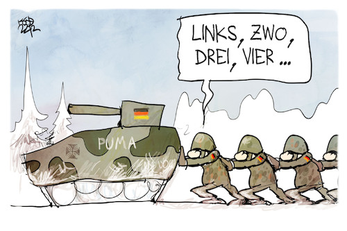 Cartoon: Puma-Schützenpanzer (medium) by Kostas Koufogiorgos tagged karikatur,koufogiorgos,puma,panzer,bundeswehr,soldat,militär,karikatur,koufogiorgos,puma,panzer,bundeswehr,soldat,militär