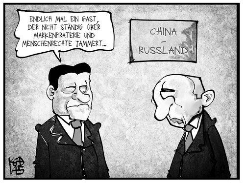 Cartoon: Putin in China (medium) by Kostas Koufogiorgos tagged karikatur,koufogiorgos,cartoon,illustration,putin,xi,china,russland,markenpiraterie,menschenrecht,gast,staatsbesuch,wirtschaft,politik,karikatur,koufogiorgos,cartoon,illustration,putin,xi,china,russland,markenpiraterie,menschenrecht,gast,staatsbesuch,wirtschaft,politik