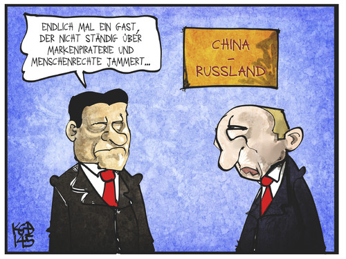 Cartoon: Putin in China (medium) by Kostas Koufogiorgos tagged karikatur,koufogiorgos,cartoon,illustration,putin,xi,china,russland,markenpiraterie,menschenrecht,gast,staatsbesuch,wirtschaft,politik,karikatur,koufogiorgos,cartoon,illustration,putin,xi,china,russland,markenpiraterie,menschenrecht,gast,staatsbesuch,wirtschaft,politik