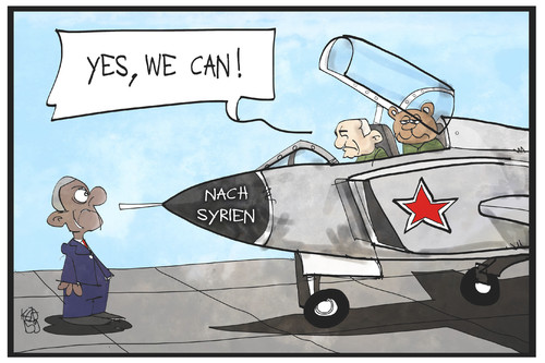 Cartoon: Putin in Syrien (medium) by Kostas Koufogiorgos tagged karikatur,koufogiorgos,illustration,cartoon,putin,assad,luftwaffe,flugzeug,bär,yes,we,can,obama,russland,syrien,krieg,konflikt,is,karikatur,koufogiorgos,illustration,cartoon,putin,assad,luftwaffe,flugzeug,bär,yes,we,can,obama,russland,syrien,krieg,konflikt,is