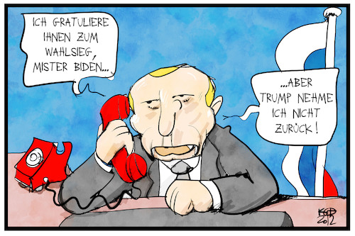 Cartoon: Putin und Trump (medium) by Kostas Koufogiorgos tagged karikatur,koufogiorgos,illustration,cartoon,putin,biden,trump,wahlsieg,demokratie,usa,präsident,gratulation,karikatur,koufogiorgos,illustration,cartoon,putin,biden,trump,wahlsieg,demokratie,usa,präsident,gratulation