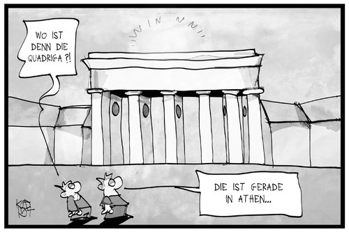 Cartoon: Quadriga in Athen (medium) by Kostas Koufogiorgos tagged karikatur,koufogiorgos,illustration,cartoon,quadriga,athen,berlin,griechenland,institutionen,ezb,esm,eu,iwf,schuldenkrise,europa,gläubiger,brandenburger,tor,wahrzeichen,denkmal,politik,karikatur,koufogiorgos,illustration,cartoon,quadriga,athen,berlin,griechenland,institutionen,ezb,esm,eu,iwf,schuldenkrise,europa,gläubiger,brandenburger,tor,wahrzeichen,denkmal,politik