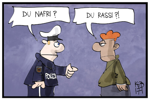 Cartoon: Racial Profiling (medium) by Kostas Koufogiorgos tagged karikatur,koufogiorgos,illustration,cartoon,nafri,nordafrika,straftäter,intensivtäter,rassist,racial,profiling,kontrolle,polizei,polizist,migrant,nationalität,kriminalität,karikatur,koufogiorgos,illustration,cartoon,nafri,nordafrika,straftäter,intensivtäter,rassist,racial,profiling,kontrolle,polizei,polizist,migrant,nationalität,kriminalität