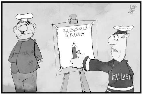 Cartoon: Rassismus-Studie bei der Polizei (medium) by Kostas Koufogiorgos tagged karikatur,koufogiorgos,illustration,cartoon,rassismus,studie,polizei,polizist,kunst,portrait,karikatur,koufogiorgos,illustration,cartoon,rassismus,studie,polizei,polizist,kunst,portrait