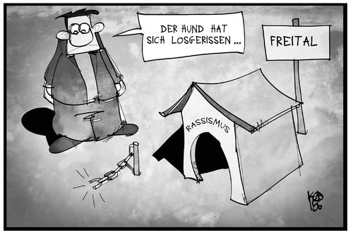 Cartoon: Rassismus (medium) by Kostas Koufogiorgos tagged karikatur,koufogiorgos,illustration,cartoon,freital,sachsen,asylbewerber,flüchtlinge,heim,unterkunft,rassismus,hund,hütte,kette,politik,pegida,karikatur,koufogiorgos,illustration,cartoon,freital,sachsen,asylbewerber,flüchtlinge,heim,unterkunft,rassismus,hund,hütte,kette,politik,pegida