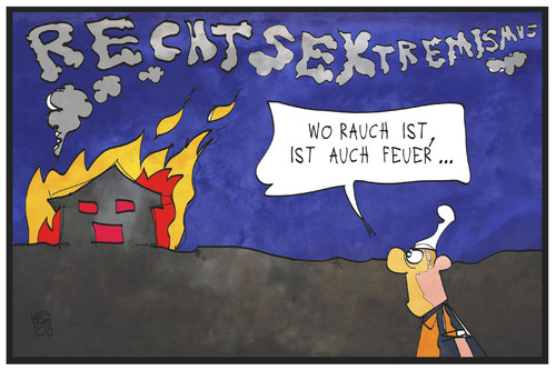 Cartoon: Rechtsextremismus (medium) by Kostas Koufogiorgos tagged karikatur,koufogiorgos,illustration,cartoon,rechtsextremismus,neonazi,jamel,feuer,rauch,michel,brandanschlag,terrorismus,karikatur,koufogiorgos,illustration,cartoon,rechtsextremismus,neonazi,jamel,feuer,rauch,michel,brandanschlag,terrorismus