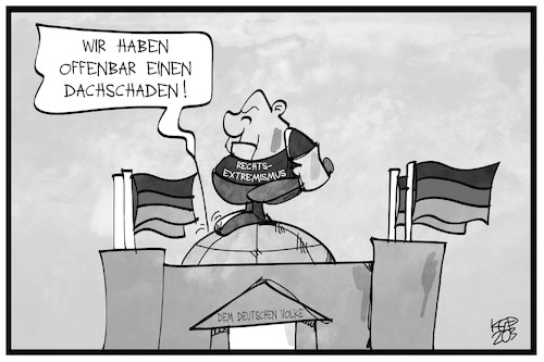 Cartoon: Rechtsextremismus (medium) by Kostas Koufogiorgos tagged karikatur,koufogiorgos,illustration,cartoon,rechtsextremismus,reichstag,bundestag,neonazi,terrorismus,rechtsterrorismus,debatte,demokratie,dachschaden,bedrohung,karikatur,koufogiorgos,illustration,cartoon,rechtsextremismus,reichstag,bundestag,neonazi,terrorismus,rechtsterrorismus,debatte,demokratie,dachschaden,bedrohung