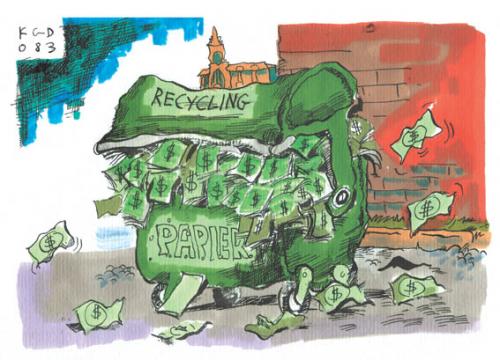 Cartoon: Recycling (medium) by Kostas Koufogiorgos tagged usa,wirtschaft,krise,dollar,euro,börse,kostas,koufogiorgos,,usa,wirtschaft,krise,dollar,euro,börse,kostas,koufogiorgos,schwach,umsatz,altpapier,mülleimer,inflation,wert,weniger,stark,europa,recycling,papier,tonne,container,flattern