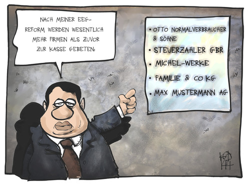 Cartoon: Reformierte EEG-Umlage (medium) by Kostas Koufogiorgos tagged energie,zulage,ökostrom,eeg,cartoon,illustration,koufogiorgos,karikatur,gabriel,reform,strompreis,wirtschaft,politik,karikatur,koufogiorgos,illustration,cartoon,eeg,ökostrom,zulage,energie,gabriel,reform,strompreis,wirtschaft,politik