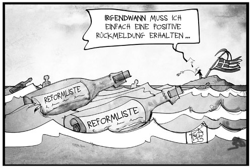 Cartoon: Reformlisten aus Griechenland (medium) by Kostas Koufogiorgos tagged karikatur,koufogiorgos,illustration,cartoon,griechenland,reformliste,gestrandet,insel,flaschenpost,rückmeldung,antwort,hilfe,hilferuf,verschollen,meer,politik,europa,karikatur,koufogiorgos,illustration,cartoon,griechenland,reformliste,gestrandet,insel,flaschenpost,rückmeldung,antwort,hilfe,hilferuf,verschollen,meer,politik,europa