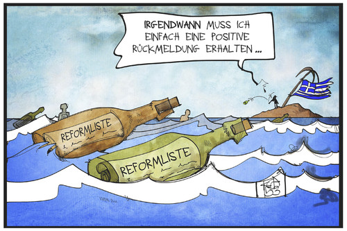 Cartoon: Reformlisten aus Griechenland (medium) by Kostas Koufogiorgos tagged karikatur,koufogiorgos,illustration,cartoon,griechenland,reformliste,gestrandet,insel,flaschenpost,rückmeldung,antwort,hilfe,hilferuf,verschollen,meer,politik,europa,karikatur,koufogiorgos,illustration,cartoon,griechenland,reformliste,gestrandet,insel,flaschenpost,rückmeldung,antwort,hilfe,hilferuf,verschollen,meer,politik,europa