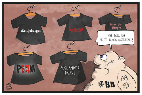 Cartoon: Reichsbürger (medium) by Kostas Koufogiorgos tagged karikatur,koufogiorgos,illustration,cartoon,reichsbürger,pegida,hooligan,hogesa,extremismus,shirt,bekleidung,identität,karikatur,koufogiorgos,illustration,cartoon,reichsbürger,pegida,hooligan,hogesa,extremismus,shirt,bekleidung,identität