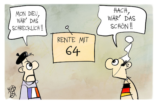 Cartoon: Rente mit 64 (medium) by Kostas Koufogiorgos tagged karikatur,koufogiorgos,rente,64,frankreich,deutschland,arbeit,streik,karikatur,koufogiorgos,rente,64,frankreich,deutschland,arbeit,streik