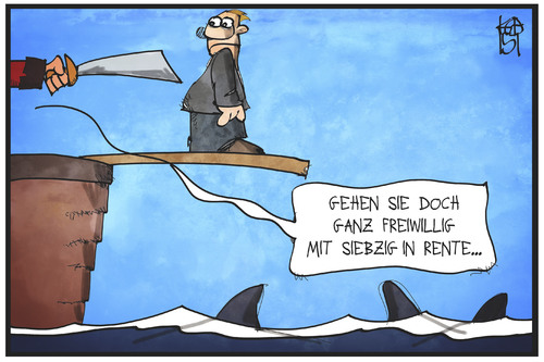 Cartoon: Rente mit 70 (medium) by Kostas Koufogiorgos tagged karikatur,koufogiorgos,illustration,cartoon,rente,70,pirat,zwang,freiwilligkeit,arbeit,ruhestand,hai,meer,politik,karikatur,koufogiorgos,illustration,cartoon,rente,70,pirat,zwang,freiwilligkeit,arbeit,ruhestand,hai,meer,politik