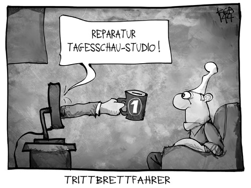 Cartoon: Reparatur Tagesschaustudio (medium) by Kostas Koufogiorgos tagged karikatur,koufogiorgos,cartoon,illustration,tagesschau,michel,abgabe,reparatur,fernsehen,nachrichten,medien,geld,gebühr,trittbrettfahrer,karikatur,koufogiorgos,cartoon,illustration,tagesschau,michel,abgabe,reparatur,fernsehen,nachrichten,medien,geld,gebühr,trittbrettfahrer