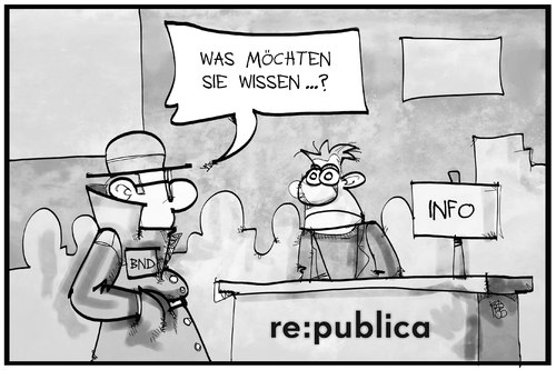 Cartoon: republica (medium) by Kostas Koufogiorgos tagged karikatur,koufogiorgos,illustration,cartoon,republica,internet,konferenz,datenschutz,sicherheit,spionage,agent,geheimdienst,bnd,information,auskunft,digital,karikatur,koufogiorgos,illustration,cartoon,republica,internet,konferenz,datenschutz,sicherheit,spionage,agent,geheimdienst,bnd,information,auskunft,digital