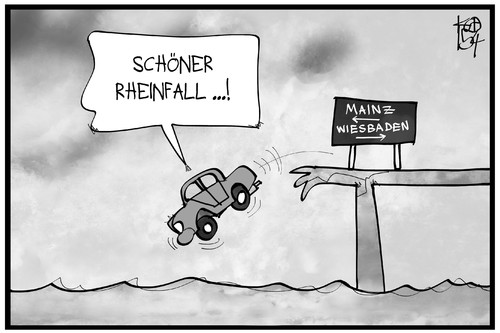 Cartoon: Rheinfall (medium) by Kostas Koufogiorgos tagged karikatur,koufogiorgos,illustration,cartoon,rhein,brücke,reinfall,rheinfall,auto,schaden,infrastruktur,sturz,wiesbaden,mainz,verkehr,karikatur,koufogiorgos,illustration,cartoon,rhein,brücke,reinfall,rheinfall,auto,schaden,infrastruktur,sturz,wiesbaden,mainz,verkehr