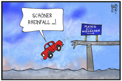 Cartoon: Rheinfall (medium) by Kostas Koufogiorgos tagged karikatur,koufogiorgos,illustration,cartoon,rhein,brücke,reinfall,rheinfall,auto,schaden,infrastruktur,sturz,wiesbaden,mainz,verkehr,karikatur,koufogiorgos,illustration,cartoon,rhein,brücke,reinfall,rheinfall,auto,schaden,infrastruktur,sturz,wiesbaden,mainz,verkehr