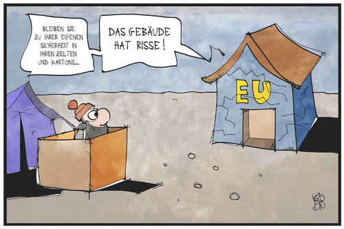 Cartoon: Rissige EU (medium) by Kostas Koufogiorgos tagged karikatur,koufogiorgos,illustration,cartoon,flüchtlingskrise,eu,europa,flüchtling,zelt,karton,haus,risse,gebäude,streit,brüchig,politik,karikatur,koufogiorgos,illustration,cartoon,flüchtlingskrise,eu,europa,flüchtling,zelt,karton,haus,risse,gebäude,streit,brüchig,politik