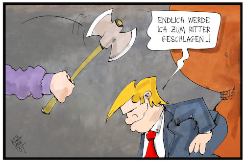 Cartoon: Ritter Donald (medium) by Kostas Koufogiorgos tagged karikatur,koufogiorgos,illustration,cartoon,ritter,donald,trump,beil,schlagen,erschlagen,adel,besuch,queen,uk,staatsbesuch,karikatur,koufogiorgos,illustration,cartoon,ritter,donald,trump,beil,schlagen,erschlagen,adel,besuch,queen,uk,staatsbesuch