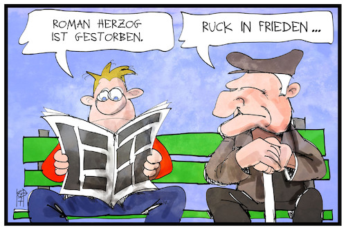 Cartoon: Roman Herzog (medium) by Kostas Koufogiorgos tagged karikatur,koufogiorgos,illustration,cartoon,herzog,bundespräsident,ruck,rede,nachricht,zeitung,tod,frieden,karikatur,koufogiorgos,illustration,cartoon,herzog,bundespräsident,ruck,rede,nachricht,zeitung,tod,frieden