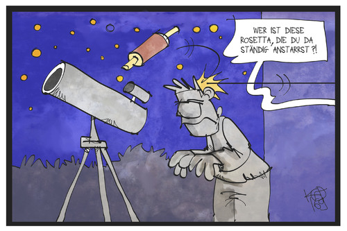 Cartoon: Rosetta (medium) by Kostas Koufogiorgos tagged karikatur,koufogiorgos,illustration,cartoon,rosetta,raumsonde,teleskop,weltall,tschuri,philae,komet,wissenschaft,karikatur,koufogiorgos,illustration,cartoon,rosetta,raumsonde,teleskop,weltall,tschuri,philae,komet,wissenschaft