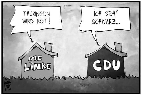 Cartoon: Rot und Schwarz (medium) by Kostas Koufogiorgos tagged karikatur,koufogiorgos,illustration,cartoon,thüringen,rot,schwarz,linke,cdu,partei,politik,regierung,haus,karikatur,koufogiorgos,illustration,cartoon,thüringen,rot,schwarz,linke,cdu,partei,politik,regierung,haus