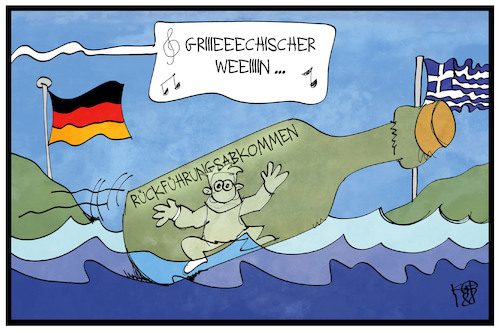 Cartoon: Rückführungsabkommen (medium) by Kostas Koufogiorgos tagged karikatur,koufogiorgos,illustration,cartoon,flüchtlingsabkommen,griechenland,wein,flaschenpost,asylpolitik,flüchtling,rückführung,deutschland,karikatur,koufogiorgos,illustration,cartoon,flüchtlingsabkommen,griechenland,wein,flaschenpost,asylpolitik,flüchtling,rückführung,deutschland