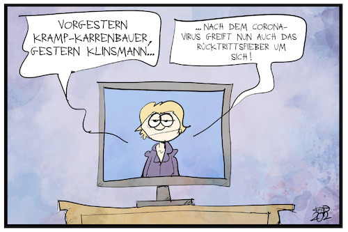 Cartoon: Rücktrittsfieber (medium) by Kostas Koufogiorgos tagged koufogiorgos,illustration,cartoon,karikatur,ruecktritt,fieber,corona,virus,klinsmann,akk,nachrichten,fernsehen,moderatorin,koufogiorgos,illustration,cartoon,karikatur,ruecktritt,fieber,corona,virus,klinsmann,akk,nachrichten,fernsehen,moderatorin