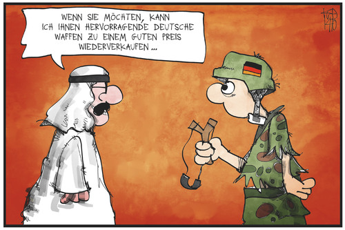 Cartoon: Rüstungsexporte (medium) by Kostas Koufogiorgos tagged karikatur,koufogiorgos,illustration,cartoon,waffen,rüstung,export,bundeswehr,soldat,scheich,araber,verkauf,politik,wirtschaft,karikatur,koufogiorgos,illustration,cartoon,waffen,rüstung,export,bundeswehr,soldat,scheich,araber,verkauf,politik,wirtschaft