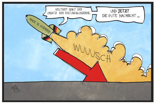 Cartoon: Rüstungsindustrie (medium) by Kostas Koufogiorgos tagged karikatur,koufogiorgos,illustration,cartoon,rüstungsindustrie,rakete,waffen,waffenhandel,wirtschaft,sipri,umsatz,profit,gewinn,karikatur,koufogiorgos,illustration,cartoon,rüstungsindustrie,rakete,waffen,waffenhandel,wirtschaft,sipri,umsatz,profit,gewinn