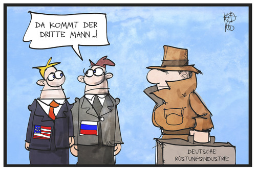 Cartoon: Rüstungsindustrie (medium) by Kostas Koufogiorgos tagged karikatur,koufogiorgos,illustration,cartoon,rüstungsindustrie,waffenexport,usa,russland,deutschland,filmtitel,dritter,mann,wirtschaft,karikatur,koufogiorgos,illustration,cartoon,rüstungsindustrie,waffenexport,usa,russland,deutschland,filmtitel,dritter,mann,wirtschaft