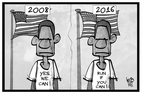 Cartoon: Run if you can (medium) by Kostas Koufogiorgos tagged karikatur,koufogiorgos,illustration,cartoon,obama,slogan,präsident,usa,politik,karikatur,koufogiorgos,illustration,cartoon,obama,slogan,präsident,usa,politik