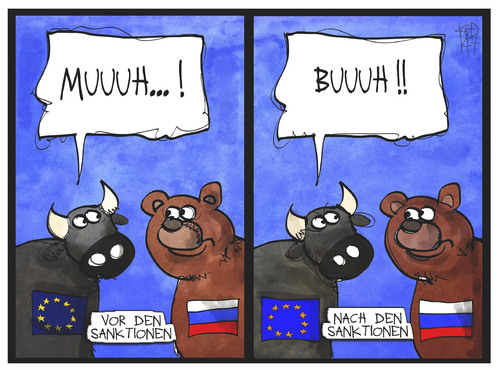 Cartoon: Russland-Sanktionen (medium) by Kostas Koufogiorgos tagged karikatur,koufogiorgos,illustration,cartoon,europa,eu,russland,stier,bär,muh,buh,sanktionen,konflikt,wirtschaft,karikatur,koufogiorgos,illustration,cartoon,europa,eu,russland,stier,bär,muh,buh,sanktionen,konflikt,wirtschaft