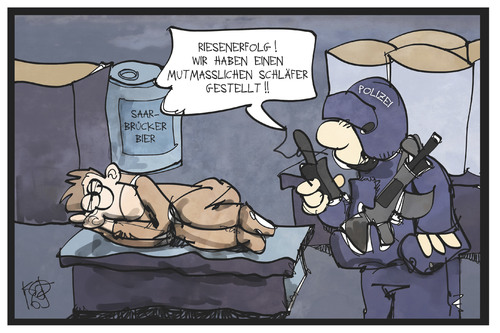 Cartoon: Saarbrücken (medium) by Kostas Koufogiorgos tagged karikatur,koufogiorgos,cartoon,illustration,saarbrücken,schläfer,sek,einsatz,polizei,festnahme,panik,terrorismus,terrorangst,polizist,fehlalarm,karikatur,koufogiorgos,cartoon,illustration,saarbrücken,schläfer,sek,einsatz,polizei,festnahme,panik,terrorismus,terrorangst,polizist,fehlalarm