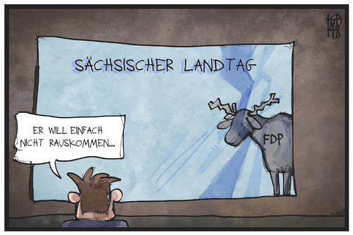 Cartoon: Sachsen-FDP (medium) by Kostas Koufogiorgos tagged karikatur,koufogiorgos,illustration,cartoon,fdp,elch,landtag,sachsen,wahl,landtagswahl,partei,politik,karikatur,koufogiorgos,illustration,cartoon,fdp,elch,landtag,sachsen,wahl,landtagswahl,partei,politik