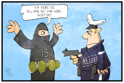 Cartoon: Salafismus (medium) by Kostas Koufogiorgos tagged karikatur,koufogiorgos,illustration,cartoon,terrorismus,salafist,polizist,polizei,kostüm,verkledung,karneval,fasching,fastnacht,islamismus,sprengstoff,karikatur,koufogiorgos,illustration,cartoon,terrorismus,salafist,polizist,polizei,kostüm,verkledung,karneval,fasching,fastnacht,islamismus,sprengstoff