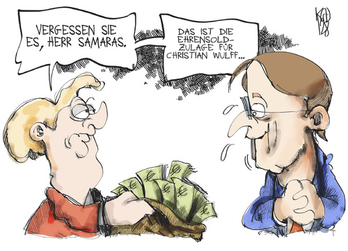 Cartoon: Samaras vs. Wulff (medium) by Kostas Koufogiorgos tagged wulff,bundespräsident,samaras,griechenland,deutschland,merkel,geld,hilfe,karikatur,kostas,koufogiorgos,wulff,bundespräsident,samaras,griechenland,deutschland,merkel,geld,hilfe,karikatur,kostas,koufogiorgos