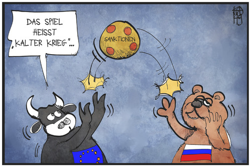 Cartoon: Sanktionen (medium) by Kostas Koufogiorgos tagged karikatur,koufogiorgos,illustration,cartoon,sanktionen,stier,bär,europa,eu,russland,ball,spiel,kalt,krieg,konflikt,wirtschaft,politik,karikatur,koufogiorgos,illustration,cartoon,sanktionen,stier,bär,europa,eu,russland,ball,spiel,kalt,krieg,konflikt,wirtschaft,politik