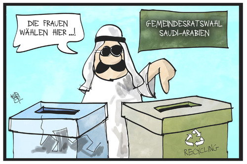 Cartoon: Saudi-Arabien (medium) by Kostas Koufogiorgos tagged karikatur,koufogiorgos,illustration,cartoon,saudi,arabien,gleichberechtigung,wahl,frau,müll,recycling,betrug,menschenrecht,karikatur,koufogiorgos,illustration,cartoon,saudi,arabien,gleichberechtigung,wahl,frau,müll,recycling,betrug,menschenrecht