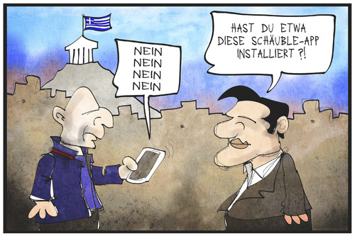 Cartoon: Schäuble sagt nein (medium) by Kostas Koufogiorgos tagged karikatur,koufogiorgos,illustration,cartoon,schaeuble,nein,varoufakis,tsipras,app,handy,smartphone,europa,ablehnung,deutschland,griechenland,karikatur,koufogiorgos,illustration,cartoon,schaeuble,nein,varoufakis,tsipras,app,handy,smartphone,europa,ablehnung,deutschland,griechenland