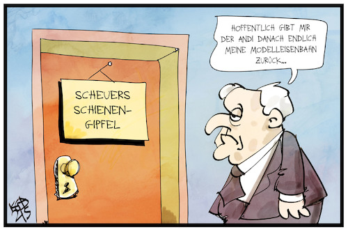 Cartoon: Schienengipfel (medium) by Kostas Koufogiorgos tagged karikatur,koufogiorgos,illustration,cartoon,schienengipfel,bahn,modelleisenbahn,seehofer,scheuer,csu,verkehr,mobilität,karikatur,koufogiorgos,illustration,cartoon,schienengipfel,bahn,modelleisenbahn,seehofer,scheuer,csu,verkehr,mobilität