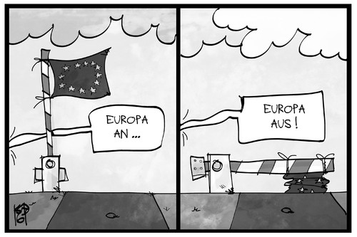 Cartoon: Schlagbaum unten- Europa aus (medium) by Kostas Koufogiorgos tagged karikatur,koufogiorgos,illustration,cartoon,europa,schlagbaum,grenze,schengen,fahne,flagge,eu,karikatur,koufogiorgos,illustration,cartoon,europa,schlagbaum,grenze,schengen,fahne,flagge,eu