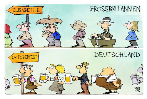 Cartoon: Schlange stehen (medium) by Kostas Koufogiorgos tagged karikatur,koufogiorgos,london,münchen,uk,oktoberfest,queen,schlange,bier,karikatur,koufogiorgos,london,münchen,uk,oktoberfest,queen,schlange,bier