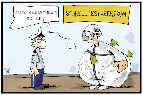 Cartoon: Schnelltest-Betrug (medium) by Kostas Koufogiorgos tagged karikatur,koufogiorgos,illustration,cartoon,schnelltest,betrug,polizei,polizist,abrechnung,geld,testzentrum,karikatur,koufogiorgos,illustration,cartoon,schnelltest,betrug,polizei,polizist,abrechnung,geld,testzentrum