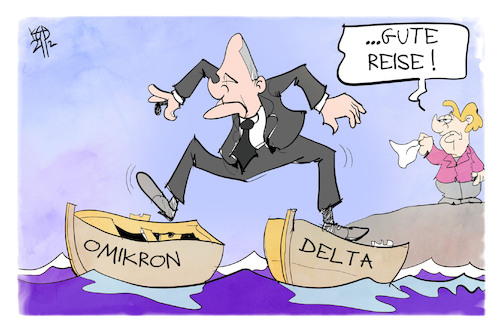 Cartoon: Scholz auf Reisen (medium) by Kostas Koufogiorgos tagged karikatur,koufogiorgos,illustration,cartoon,scholz,merkel,pandemie,delta,omikron,karikatur,koufogiorgos,illustration,cartoon,scholz,merkel,pandemie,delta,omikron